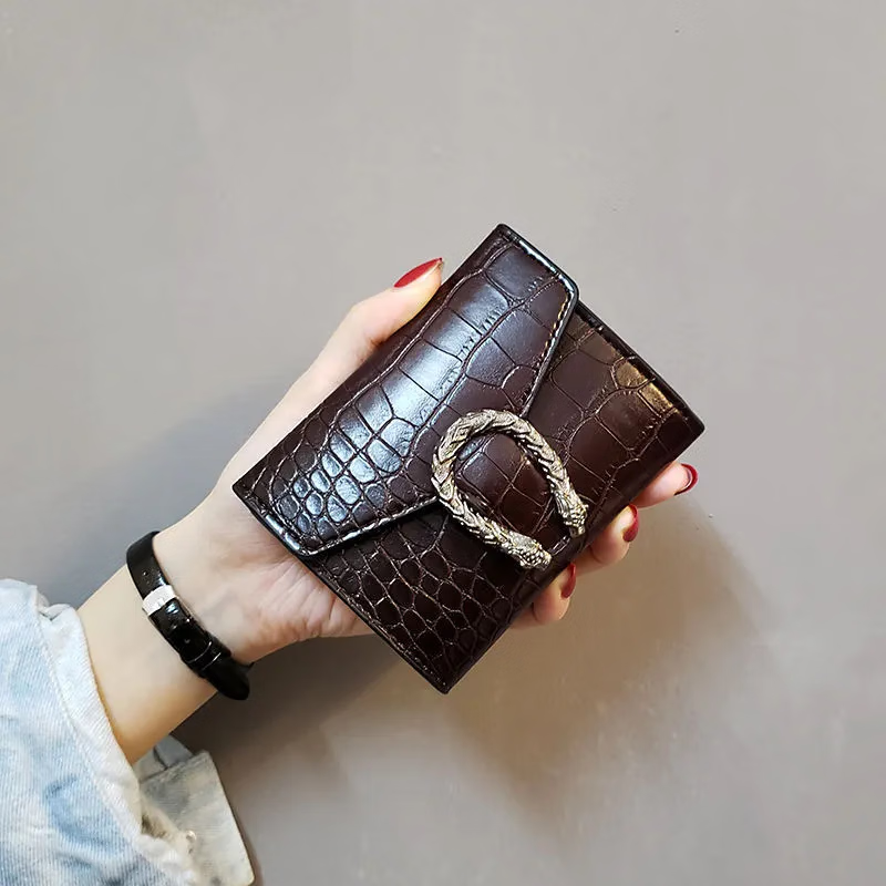 Qingou's new ins Dionysus crocodile pattern women's wallet women's short three-fold small wallet women's coin purse card holder wallet AYX upgraded crocodile pattern wine red