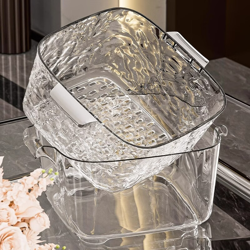 YOUQIN double-layered vegetable sink drain basket, high-looking multi-functional kitchen new fruit plate, light luxury high-end living room vegetable basket, transparent white medium size, water rippled double layer