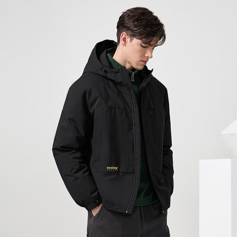 Dances with Wolves Goose down lining & three-proof fabric Light outdoor warm and comfortable versatile hooded jacket 001 black 180