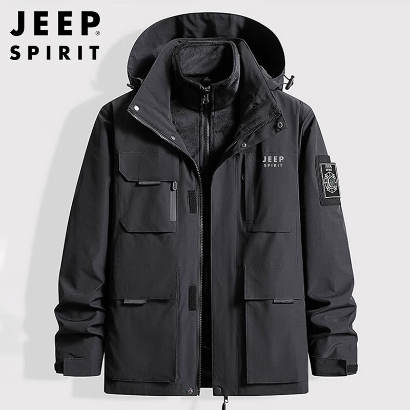JEEP SPIRIT Jeep Jacket Men's Autumn and Winter Korean Jacket Men's Three-in-One Detachable Men's Black 2XL