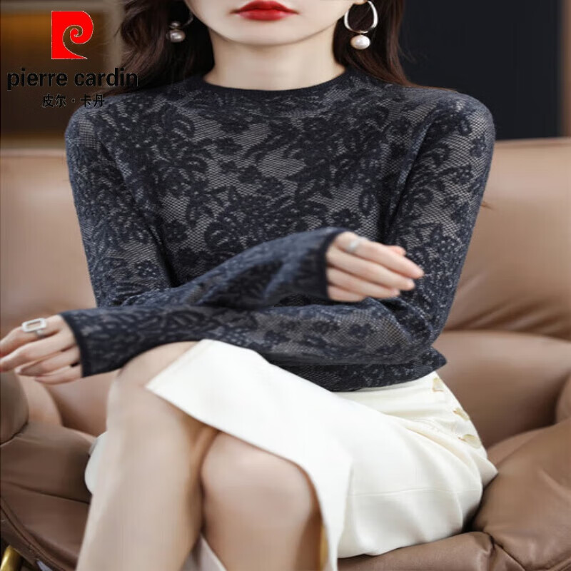 Pierre Cardin (Pierre Cardin) Lace Bottoming Top Women's Spring Autumn Winter 2026 New Style Mother's Long Sleeve Half Turtle Collar Top Women's Lace Gray 2XL Recommended 125-140 catties