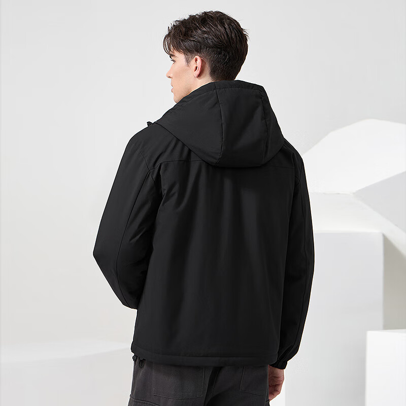 Dances with Wolves Goose down lining & three-proof fabric Light outdoor warm and comfortable versatile hooded jacket 001 black 180