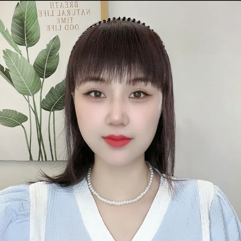 Fiber wig female bangs one-piece rhinestone headband replacement hair piece straight hair wig top cover white hair seamless replacement hair piece full real hair dark brown 25cm