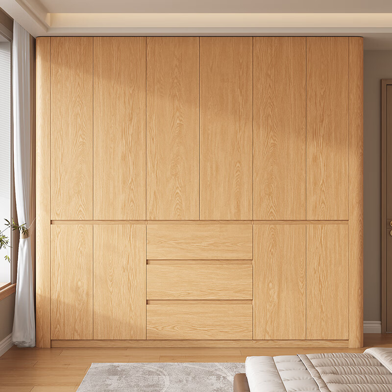 French poetry custom-made oak segmented solid wood handle-free corner arc wardrobe household swing door storage master bedroom wardrobe 1.4m long * 2.4m high four-door oak wardrobe ENF maternal and child grade environmentally friendly antibacterial 18MM thickened oak