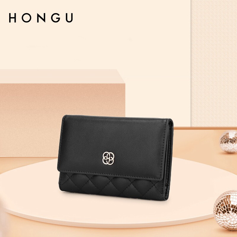 Honggu (HONGU) 2025 New Wallet Women's Fresh Small Fragrance Style Diamond Cowhide Short Wallet Coin Purse Black Short (H10503409)