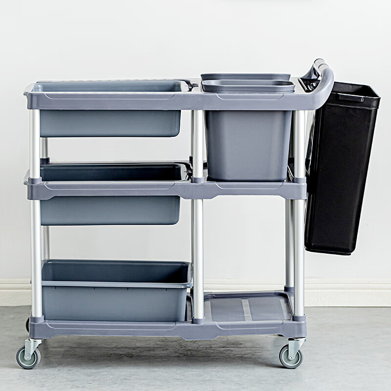 Pusheng hotel dining cart three-story retractable dining cart bowl collection cart with trash can multi-functional plastic restaurant hotel cart WD100 3 basins 2 barrels 96cm*47cm*88cm