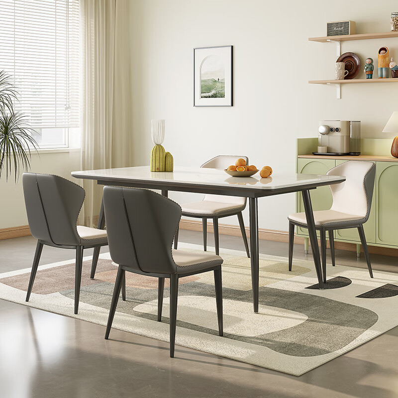 Romantic element full base natural slate dining table bright pure white home small apartment minimalist light luxury family dining table table four chairs (solid wood fiber full base) 130cm *80cm*75cm