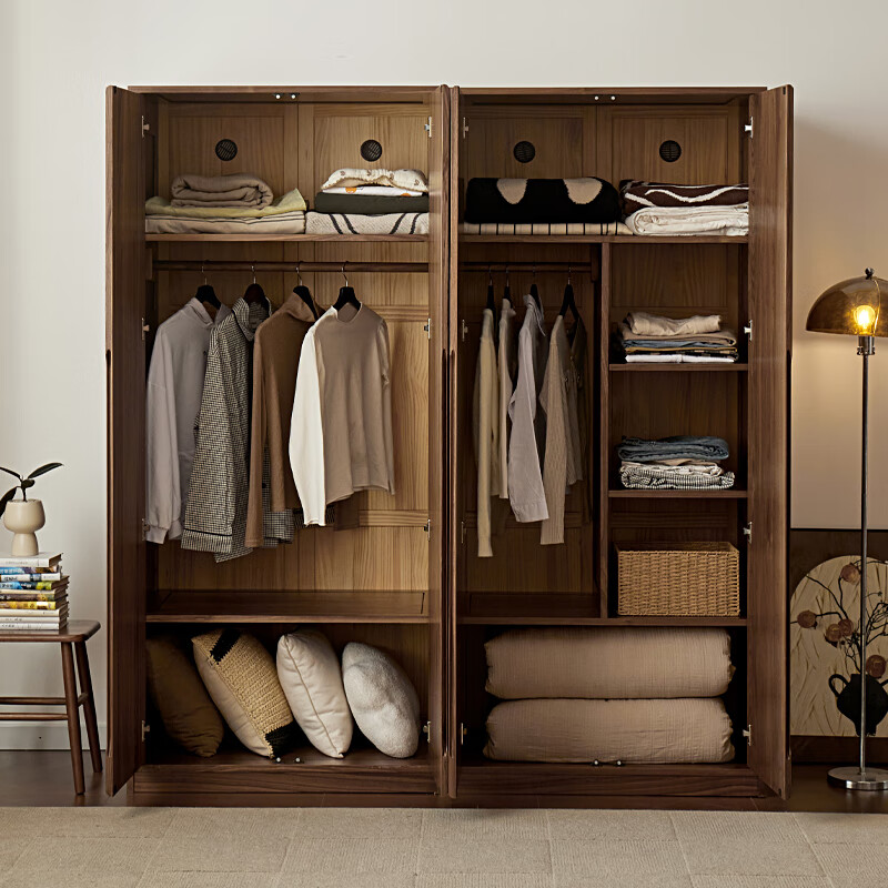 Womu solid wood wardrobe modern simple double door large wardrobe home black walnut bedroom storage cabinet single partition HHT-301-01