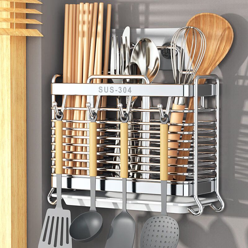 Benwang (BW) Kitchen Chopstick Rack Wall-mounted 304 Stainless Steel Chopstick Storage Box Chopstick Cage Chopstick Holder Artifact 304 Stainless Steel Edged Thickened-Three-Gate Chopstick and Spoon Rack