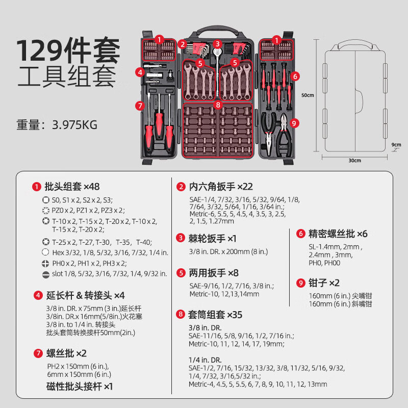 Tuowei socket wrench set tool box 129-piece set screwdriver hexagonal auto repair pliers ratchet household 780031