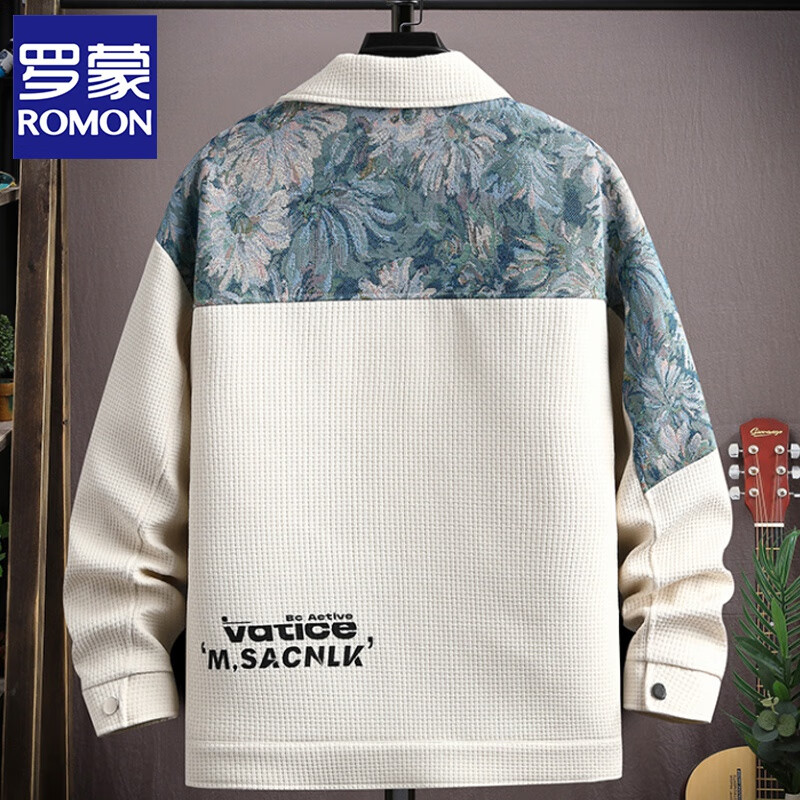 ROMON Waffle Jacket Men's Autumn and Winter Ethnic Style Splicing Loose Casual Lapel Jacket Handsome Winter Top 525 White