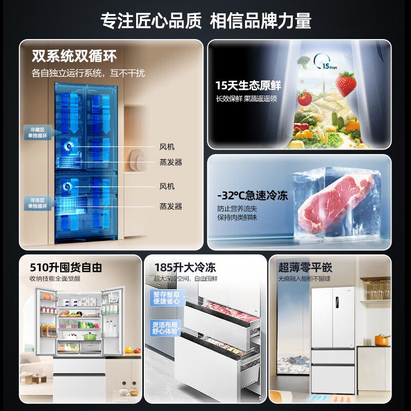 Konka 510L French multi-door refrigerator dual system ultra-thin zero embedded dual frequency conversion first-level energy efficiency air-cooled frost-free large capacity white BCD-510WUPEG7S national subsidy