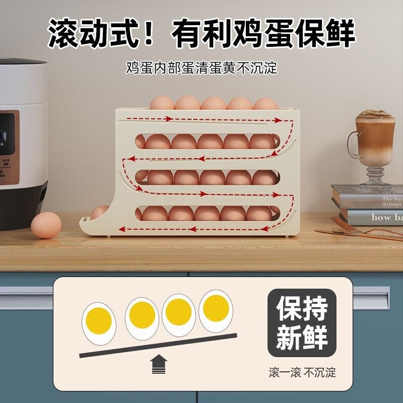 Zhenglizheng egg storage box for refrigerator with four-layer slide type automatic egg rolling device for side door of refrigerator, kitchen countertop anti-fall, milky white automatic rolling down/can hold 30 pieces