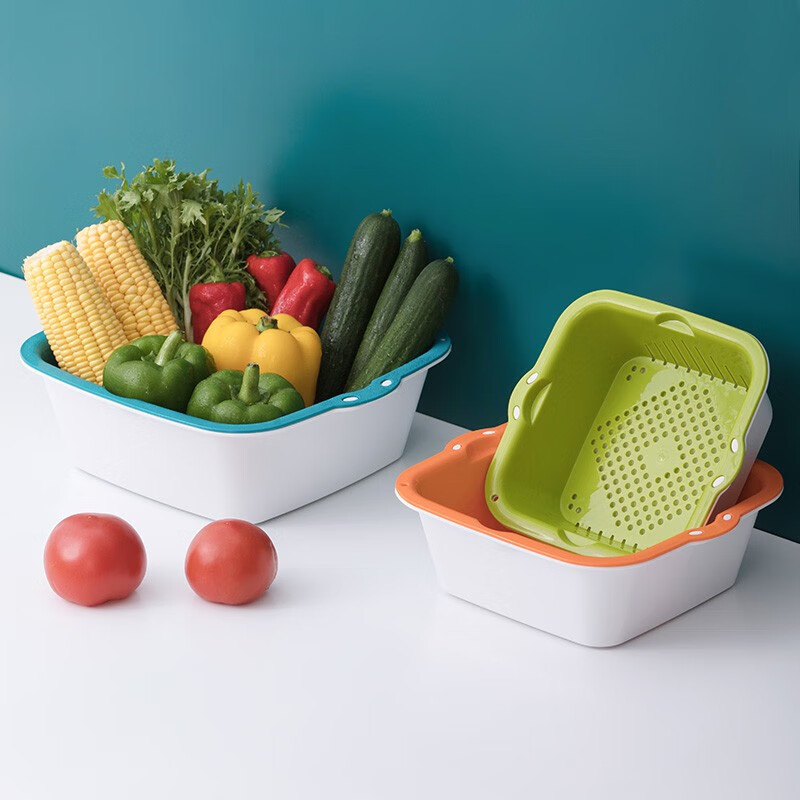 Camellia vegetable sink drain basket plastic double-layer kitchen fruit plate thickened multi-functional sink leaking basin rice basket large double-layer (wash vegetables) blue