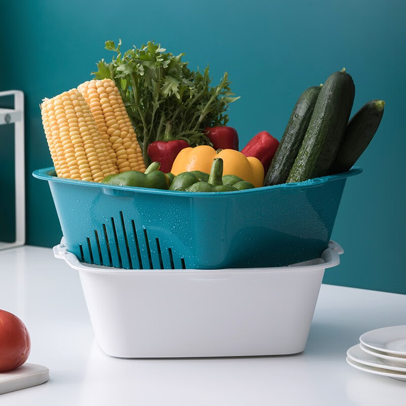 Camellia vegetable sink drain basket plastic double-layer kitchen fruit plate thickened multi-functional sink leaking basin rice basket large double-layer (wash vegetables) blue