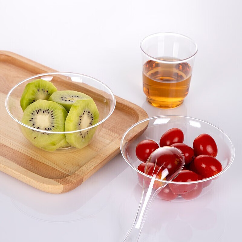 Disposable bowl Crystal bowl Thickened disposable lunch box Aviation bowl Hard plastic ice powder soup bowl Transparent dessert bowl Disposable tableware set 300ml crystal bowl + cup + PS spoon + bone plate (100 sets)