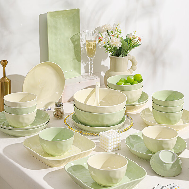 Persson bowls, plates and tableware complete set in cream style 2026 new home complete set of high-looking dishes and chopsticks combination as a housewarming gift, cream yellow and green mix and match (great value and practical) 82-piece set