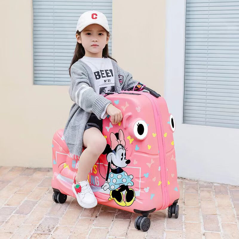 BARNOROO children's luggage 22-inch boys and girls can sit and ride special-shaped suitcase silent universal wheel trolley case pink Minnie zipper