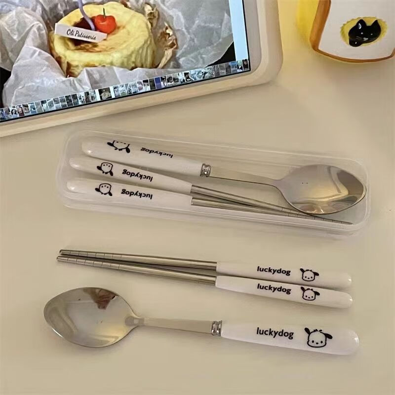 Jing porcelain spoon ins high-looking chopsticks spoon fork three-piece set cute portable tableware storage box for students and children lucky puppy chopsticks + fork free storage box 1-piece set