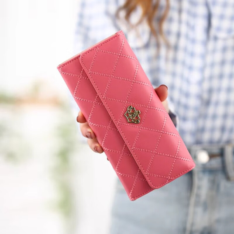 Junxingyue Women's Wallet 2024 New High-end Women's Small Wallet 2024 New Wallet Women's Long Three-fold Korean Version with U Crown-Pink