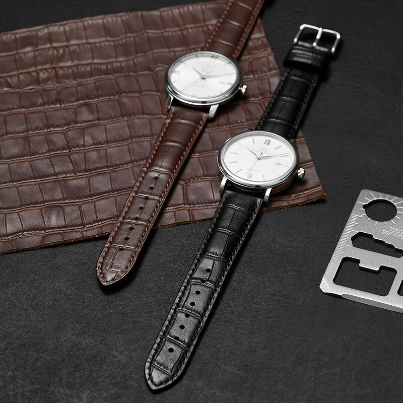 Istrap genuine leather strap for men and women crocodile pattern cowhide suitable for Tissot, Longines, Mido, Citizen, Casio dw, Seiko Seagull, Fiyada, Armani watch with Leloc bracelet, black same color thread丨gold pin buckle and dial interface width 16mm