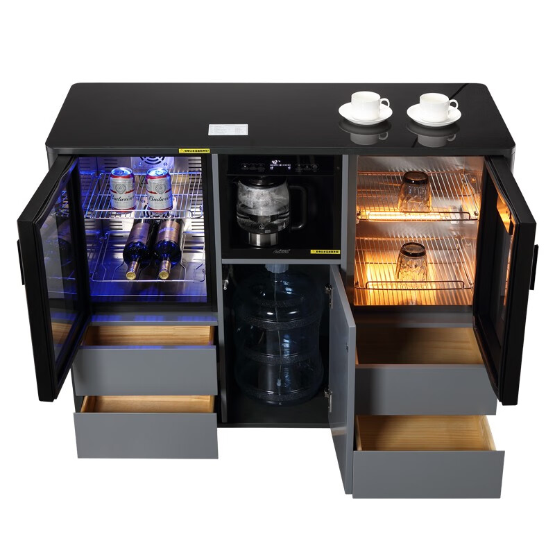 Meilingda household modern light luxury fully automatic intelligent remote control solid wood tea bar machine ice and hot water dispenser living room tea and water integrated cabinet sideboard bottle sterilization cabinet red wine refrigerator refrigeration 712 solid wood high-grade gray (refrigerator freezer + disinfection cabinet) instant cooling type warm