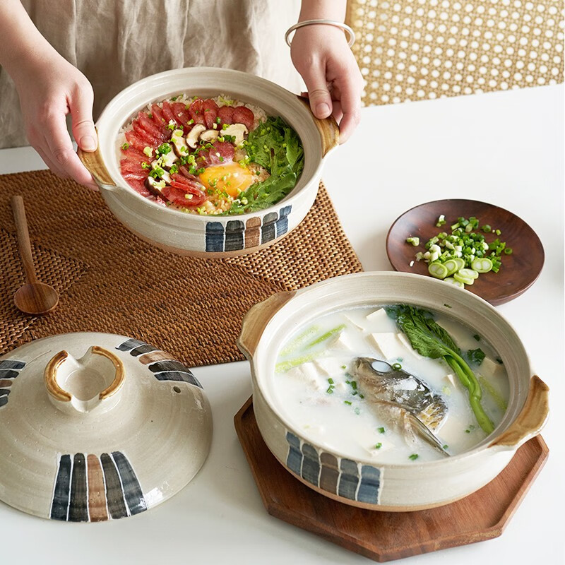 Fourth month Japanese wide-mouthed flat-bottomed clay pot household clay pot rice casserole small soup stew pot gas stove for home use Sancai 3-4 servings丨1-year burnt replacement 2.2L