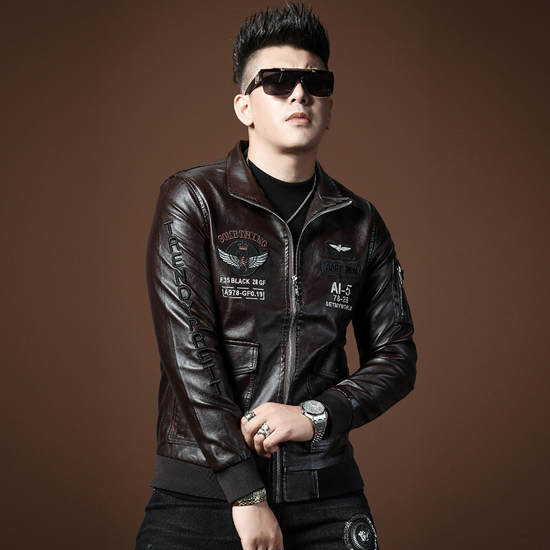 AOSHENGTE high-end lapel leather jacket men's autumn and winter fit-fitting winter thickened warm windproof motorcycle leather jacket men's HZ4033-2021# brown thickened cotton XL
