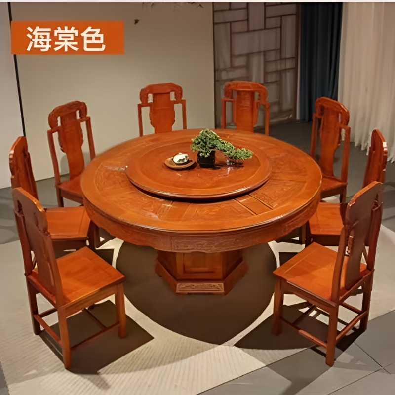 Macron Guangdong Foshan all solid wood dining table antique carved gold rosewood large round table with turntable for 10 people, walnut color, free turntable + tempered glass, 2.0 meters, 1 table + 12 elephant head chairs
