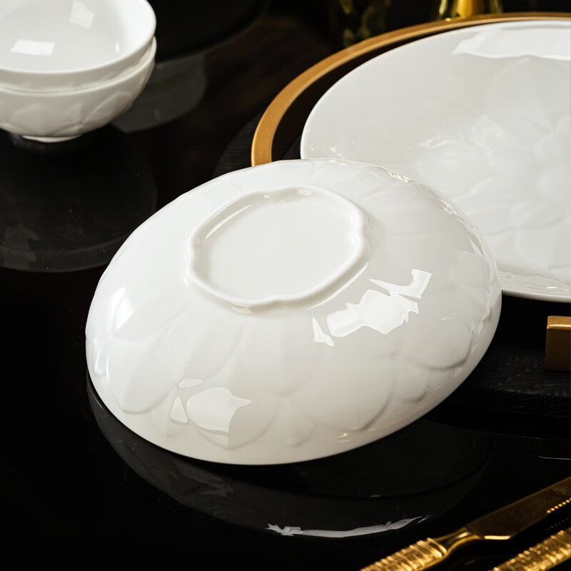 Famanmei new bone china tableware complete set Jingdezhen bowls and plates high-end pure white embossed dishes set for home use Bingqing Yujie 94-piece set (configuration for 16 people)