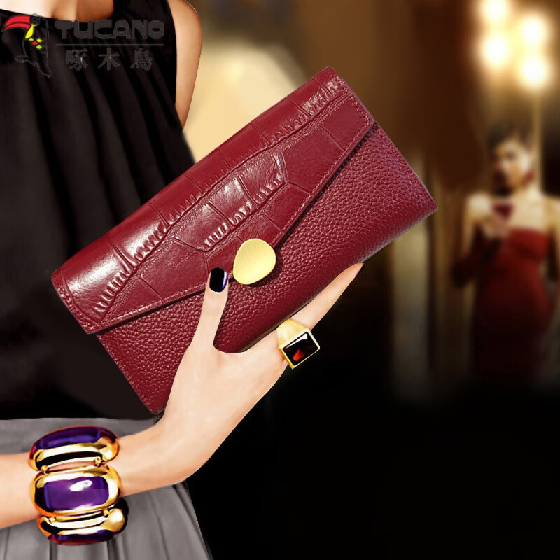 Woodpecker (TUCANO) Yellow Lucky Large Capacity Genuine Leather Wallet for Women 2026 New Soft Cowhide Crocodile Pattern Hand Wallet for Mobile Phone Bag Rich Yellow