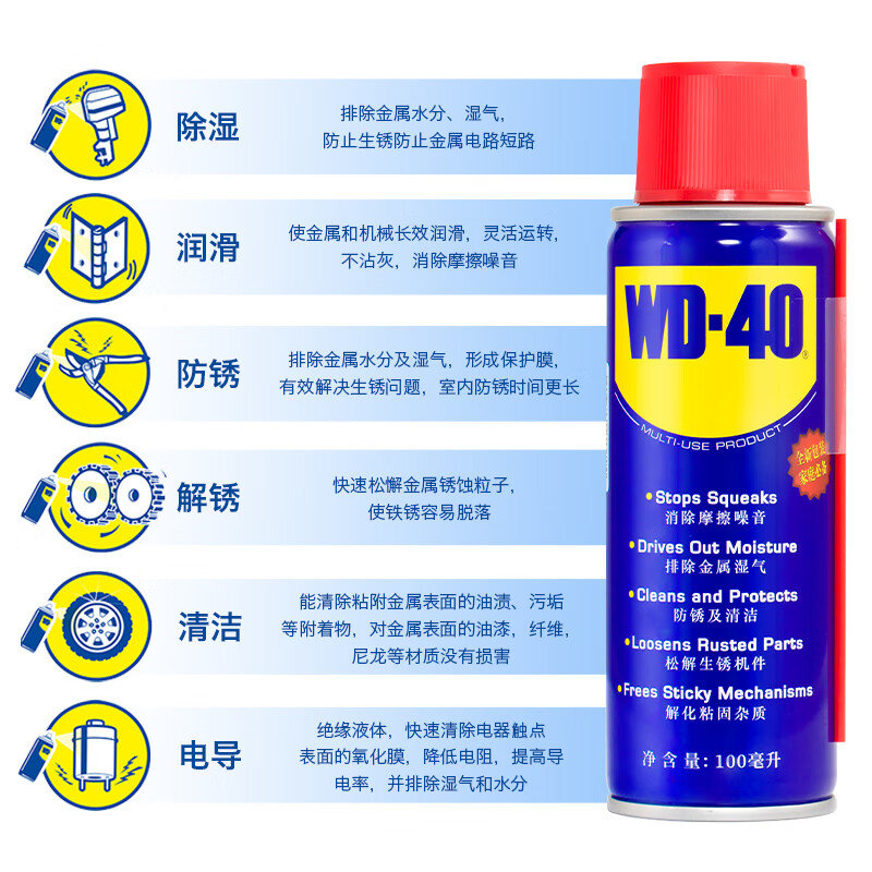 WD-40 rust removal and lubrication, dehumidification and anti-rust agent, screw loosening agent wd40 anti-rust oil, multi-purpose metal rust removal lubricant 40ml