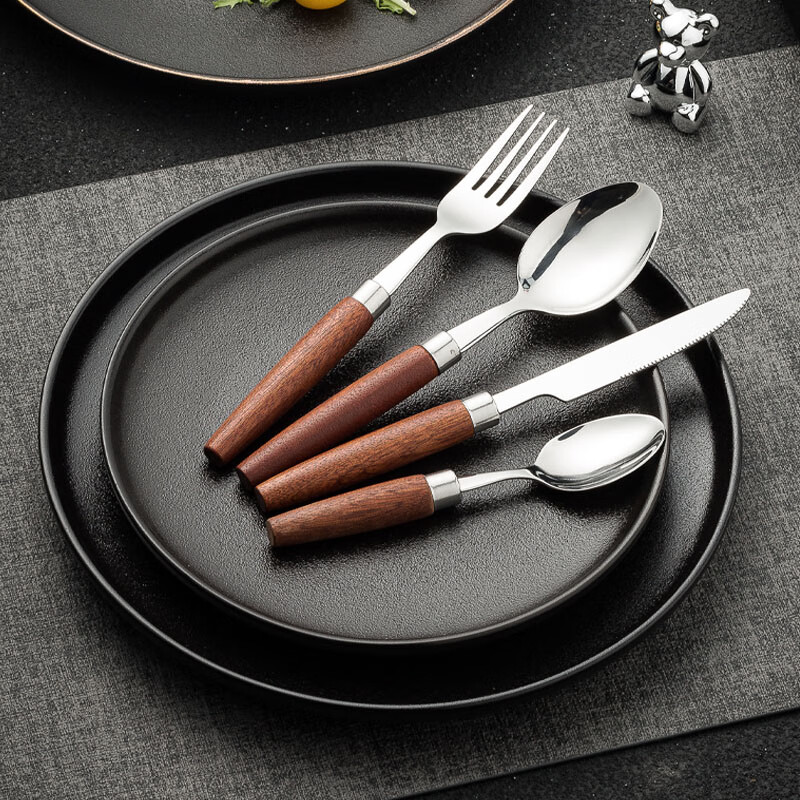 Aoki Shangci Japanese retro solid wood steak cutlery 4-piece set of knives, forks and spoons 304 stainless steel cake knives and forks two-piece set high-end two-piece knife and fork set