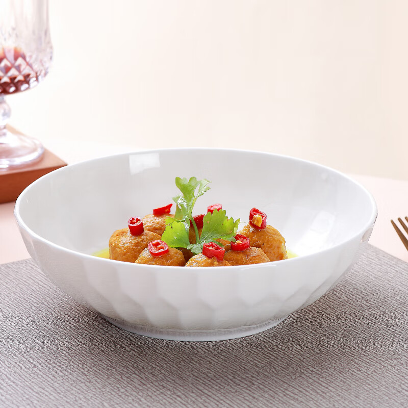 Sky Top ceramic large salad bowl serving bowl pure white relief bone china home hotel tableware 8-inch crystal series shallow bowl