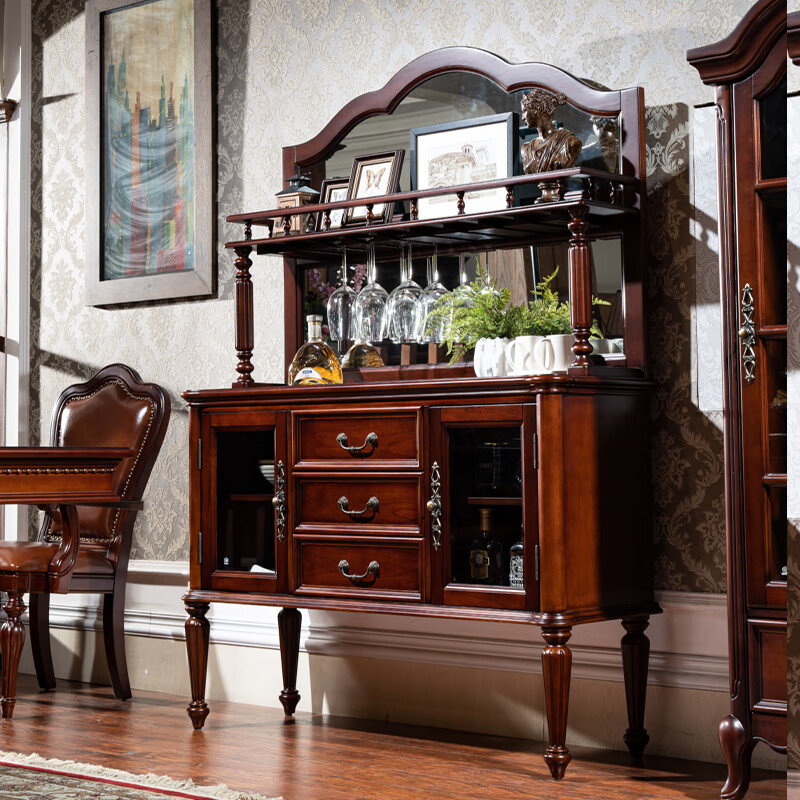 Count Santi Simple American Sideboard Retro Wine Cabinet Multi-Function Storage Cabinet European-style Full Solid Wood Cupboard Preparation Cabinet 5664 Upper Cabinet + 5663 Lower Cabinet (Complete Set)