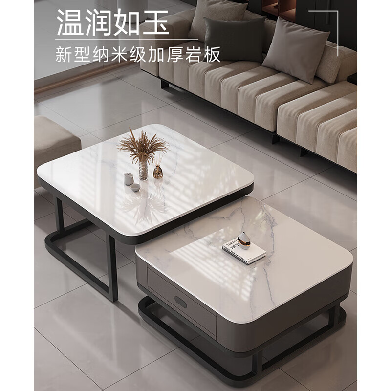 Small craftsman material slate coffee table small apartment living room home light luxury high-end 2025 new simple square combination coffee table gray and white