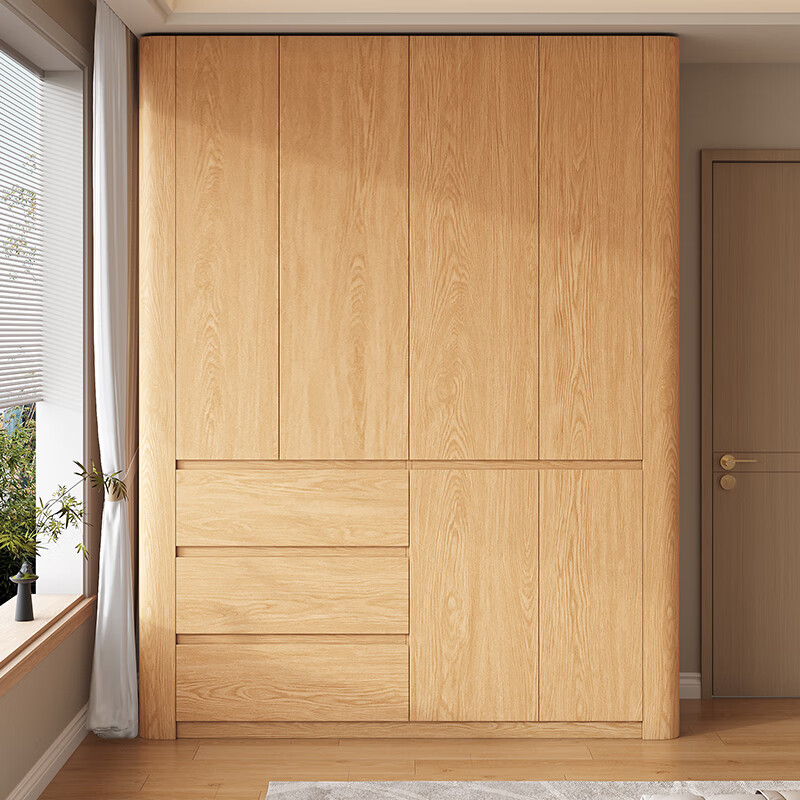 French poetry custom-made oak segmented solid wood handle-free corner arc wardrobe household swing door storage master bedroom wardrobe 1.4m long * 2.4m high four-door oak wardrobe ENF maternal and child grade environmentally friendly antibacterial 18MM thickened oak