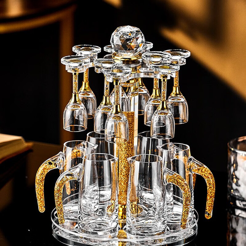 VETROAMANO high-end light luxury small spirits shot glass household gold foil white wine glass crystal glass wine dispenser Moutai cup transparent style 10 pots 10 cups + crystal cup holder