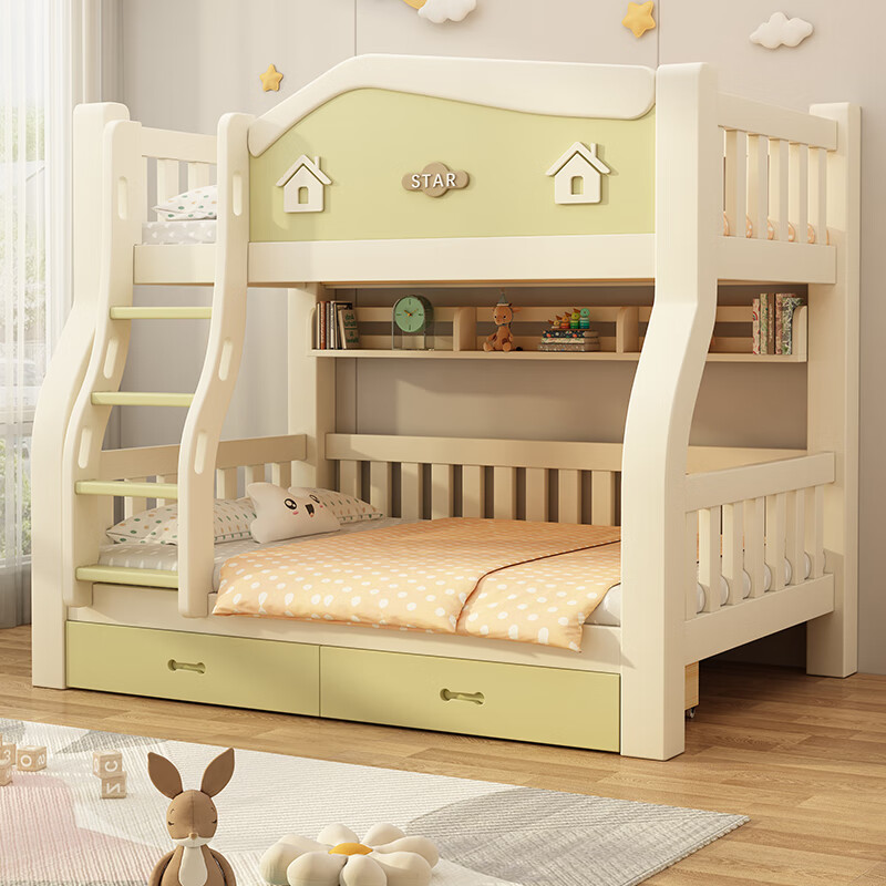 Moriki deer cherry wood children's bed and lower solid wood bed cream style high and low bed bunk bed and double bed adult bed ladder cabinet style upper 130 lower 150 + mattress * 2 all solid wood