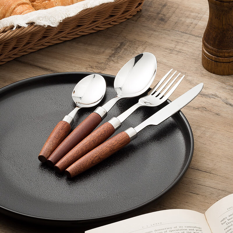 Aoki Shangci Japanese retro solid wood steak cutlery 4-piece set of knives, forks and spoons 304 stainless steel cake knives and forks two-piece set high-end two-piece knife and fork set
