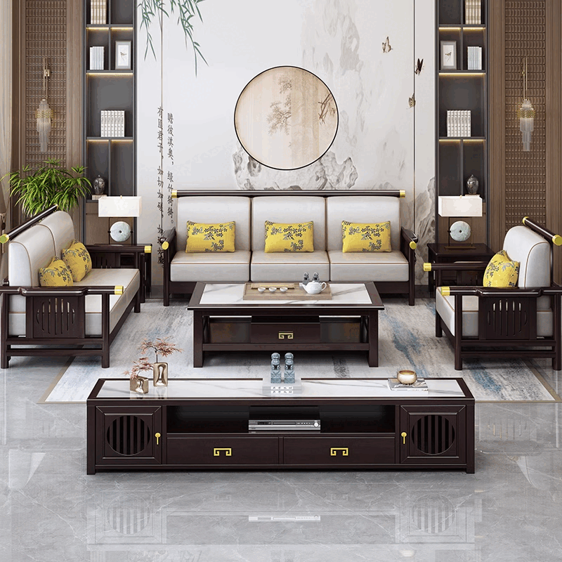 Dihong new Chinese solid wood sofa living room modern simple large and small apartment villa high-end winter and summer solid wood sofa 1+2+3+coffee table+square table*2+TV cabinet