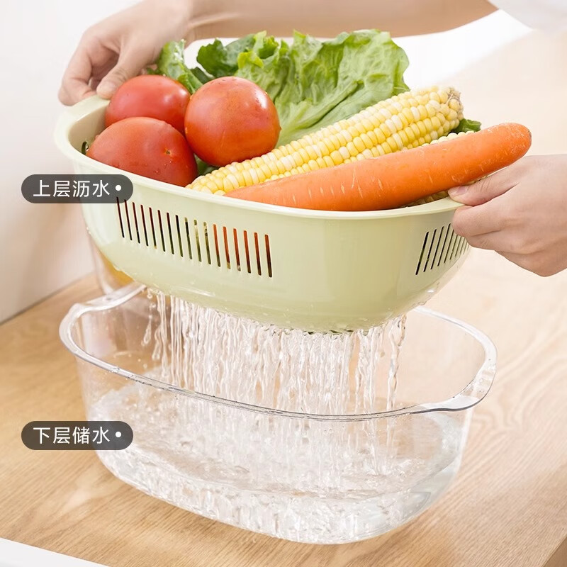 The Legend of the Pot Double-layer Hollow Fruit Basin Washing Fruit Drain Basket Household Fruit Basket Creative Plastic Washing Basket Kitchen Sink Basin Ordinary Style - Yellow Small Size