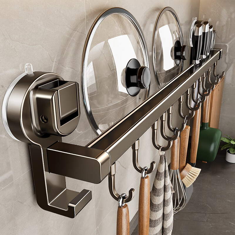 There are suction cup kitchen hooks, no punching, kitchen storage racks, wall-mounted spatulas, lids, spoons, multi-functional storage racks, double poles 60CM with 12 hooks, strong suction cups