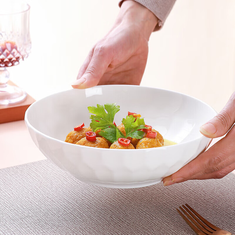 Sky Top ceramic large salad bowl serving bowl pure white relief bone china home hotel tableware 8-inch crystal series shallow bowl