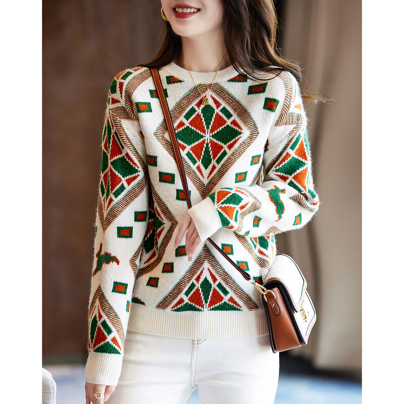 De Mana (dme) Geometric Knitted Sweater Spring and Autumn Commuting Round Neck Drop Shoulder Long Sleeve Slightly Elastic Simple Sweater for Women