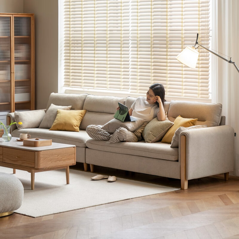 Genji Wood Language Fabric Sofa Simple Modern Living Room Solid Wood Sofa Small Apartment Corner Sofa Gravel White Small Three-Seater