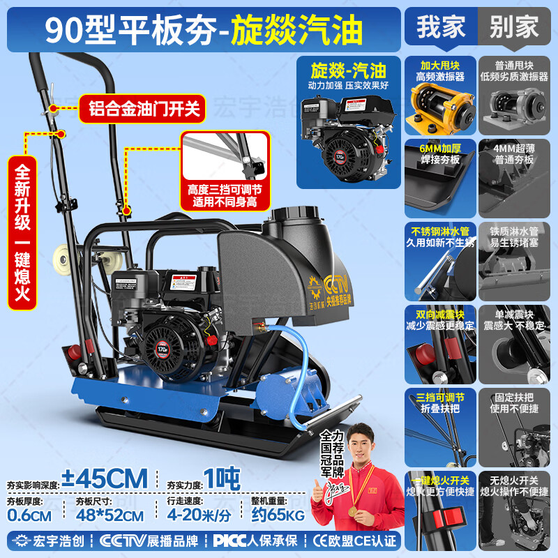 Hongyu Haochuang gasoline flat plate compactor electric diesel road asphalt foundation vibration ground tamper compactor vibration rammer type 90 newly upgraded rotary gasoline power