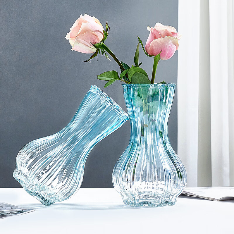 Shengshi Taibao glass vase transparent plant vase hydroponics living room ornaments color gradient blue garlic