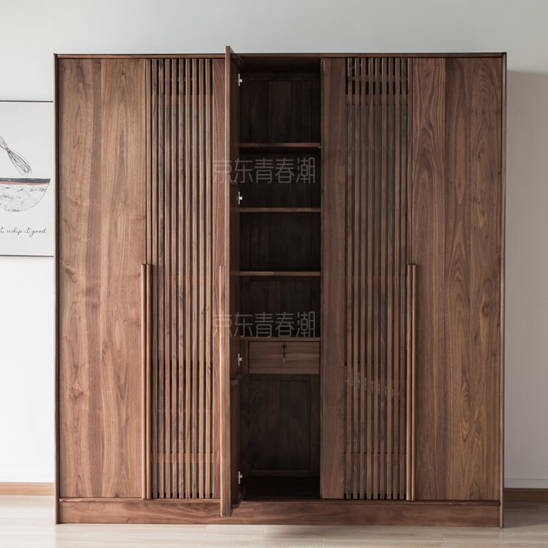 Youthful and trendy black walnut solid wood wardrobe, bedroom wardrobe, five-door wardrobe, new Chinese grille wardrobe, five doors (210*60*220cm)