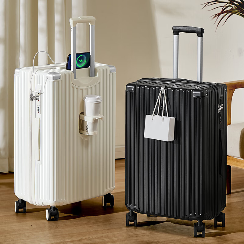 Woodpecker Leather Suitcase 2024 New Double-layer Explosion-proof Zipper Suitcase with Cup Holder Rechargeable Airplane Boarding Case Zipper Shell White Hook USB Cup Holder 20 Inches Double Enclosed Interior + Brake Shock Absorbing Wheels